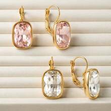 S SHOPBOHO 1pr Gold Large Clear Crystal Square Zirconia Clip On Earrings For Women Closed-Back Huggie Secure Fit No Lost Earring For Women - Yellow Gold - View 2