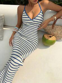 Vestido de verano de ajuste ceñido con escote en V, cuello halter y espalda descubierta, con textura de rayas azules y blancas, estilo chic, sexy y elegante para fiestas, playa y vacaciones, inspirado en la moda europea y americana - Azul - Ver 5