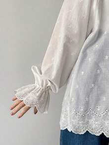 Camisa casual de algodón de unicolor y holgada para mujer con ribete de contraste en el cuello, el bajo y los puños - Blanco - Ver 5