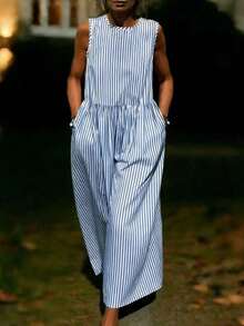 Vestido casual de mujer de cuello redondo sin mangas a rayas, de verano - Azul y blanco - Ver 4