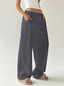 Pantalones rectos de cintura baja de algodón lavado de estilo casual para mujer en tono camello - Gris Oscuro - Ver 3