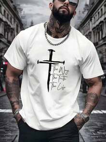 Men's Casual Wear, Classic Christian Design T-Shirt Featuring A White Cross And The Words "The Way Of Truth, The Source Of Life", Suitable For Everyday Street Style - Unisex Cotton Loose Fit Short Sleeve Crew Neck Vintage Style T-Shirt. - 黑色 - 查看 7