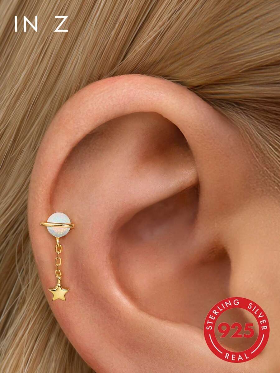 Khuyên tai hình sao Thổ bằng bạc Sterling 925 đính đá Opal trắng, khuyên môi mạ vàng 18K có ren bên trong, thích hợp cho phụ nữ và bé gái đeo hàng ngày, bán lẻ từng chiếc, không bán theo cặp. - Nhiều màu - Xem 1