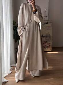 Women's Casual Minimalist Stand Collar Long Sleeve Split Hem Tunic Top And Loose Pants 2-Piece Set, Solid Color, Daily Wear, Spring/Autumn/Winter - Apricot - View 2