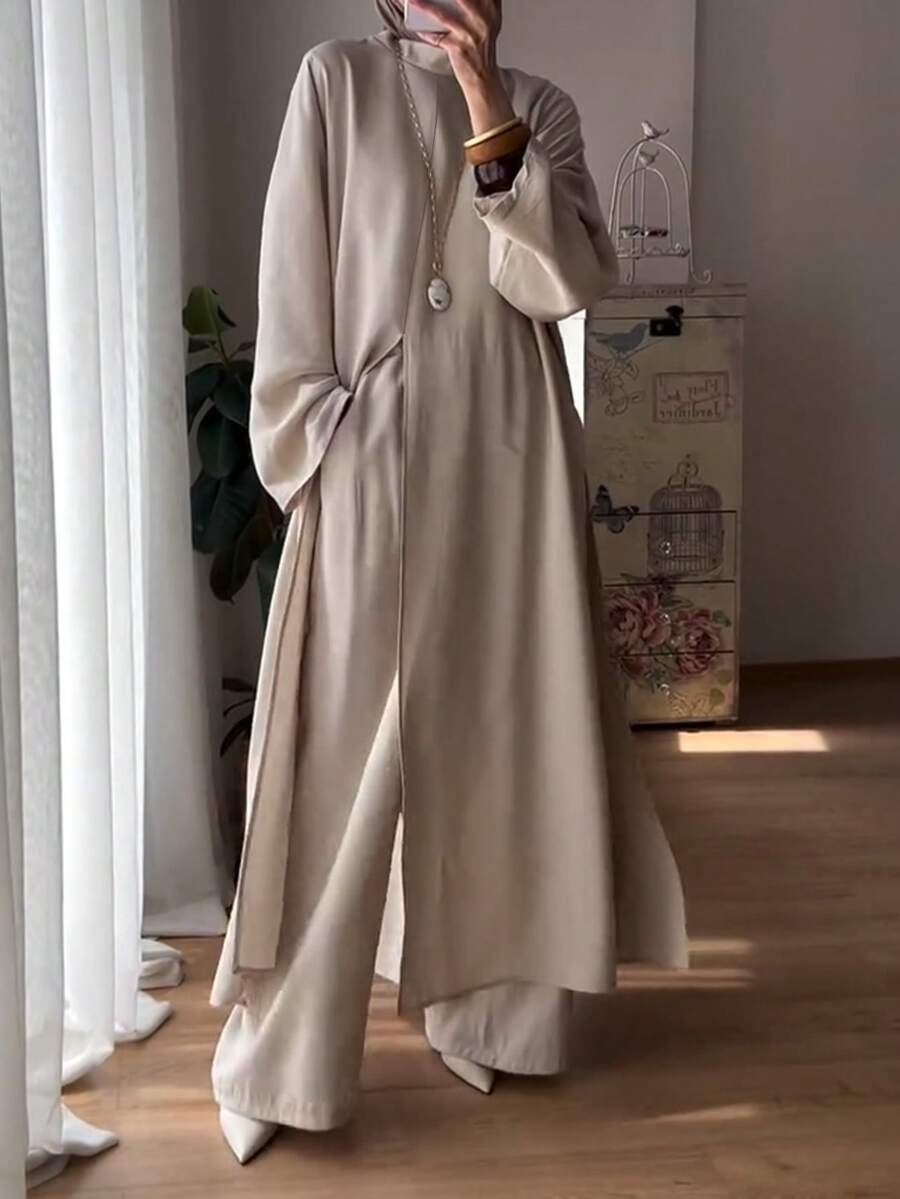 Women's Casual Minimalist Stand Collar Long Sleeve Split Hem Tunic Top And Loose Pants 2-Piece Set, Solid Color, Daily Wear, Spring/Autumn/Winter