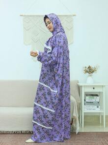 Women's Oversized Bohemian Style Long Prayer Robe, Purple Floral Print, Decorated With Lace Trim - Lilac Purple - View 3