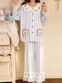 Gongdie Bộ đồ ngủ nữ Disney 2 món, cotton mềm họa tiết kẻ sọc, cổ bèo, đồ mặc nhà - Xanh và trắng - Xem 8