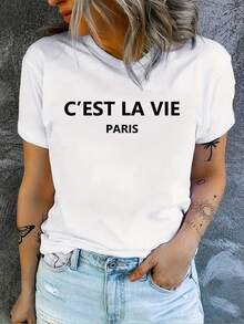 Camiseta de cuello redondo con estampado de letras, top casual de manga corta para primavera y verano, ropa de mujer - Blanco - Ver 1