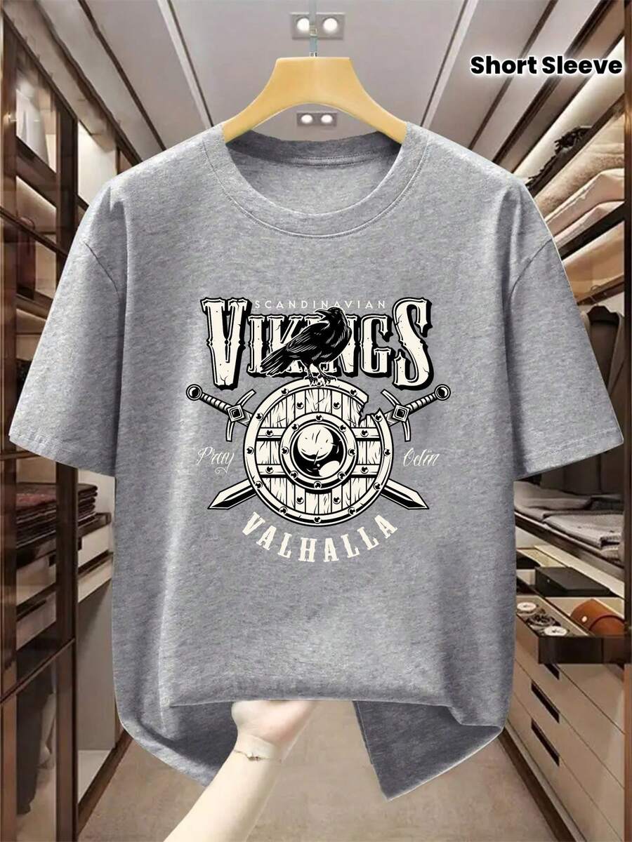 Men's Plus Size T-Shirt With Viking Stock Exchange And Norse History Theme - Short Sleeve, Crew Neck Design, With Viking Shield And Raven Warrior Patterns - Men's Viking Style Casual Clothing, Plus Size - 灰色 - 查看 1