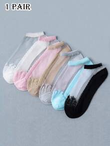 1/6/12 pares (mezcla aleatoria) de calcetines de moda dulce para mujer, diseño con ribete de encaje, calcetines cortos transparentes y cómodos, esenciales para salidas de primavera y verano - Multicolor - Ver 8