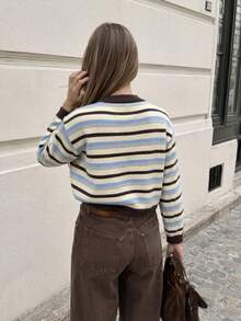 Soft Skin-Friendly Striped Knit Cardigan With Contrast Ribbed Trim, Round Neck Loose Fit Jacket, Suitable For Women Casual Fashion Commuting, Versatile Soft Knit Cardigan For Spring And Autumn - Multicolor - View 2
