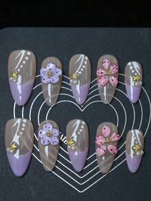 CrystalHola 10 piezas de uñas hechas a mano, uñas con flores púrpuras pellizcadas a mano, decoraciones de arte de uñas con ramas blancas y puntos, esmalte de uñas púrpura, chica del bosque, los mejores regalos para damas o mujeres jóvenes, adecuado para reunión, uso diario, fiesta, fotografía, juego, verano, suministros de transporte para uñas - Multicolor - Ver 12