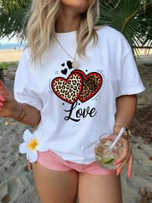 Women T Shirt Fun Print Leopard Heart Love Design Cute Summer Top Elegant Casual Wear For Beach Party Outfits Y2k Fashion  High Quality Summer Clothing For Women - 白色 - 查看 1