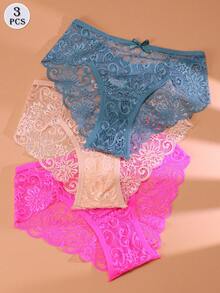 3pcs/Set Women's Low Waist Lace Sexy Thong Panties - Multicolor - View 3