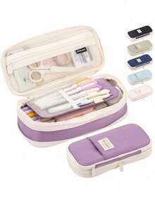 1 pieza Estuche multifuncional de gran capacidad expandible, bolsa de almacenamiento de artículos de papelería de tela de sarga con ranura para bolígrafos, organizador plegable de útiles escolares, estuche de lápices estilo japonés/coreano - Estuche para lápices de sarga - Ver 1