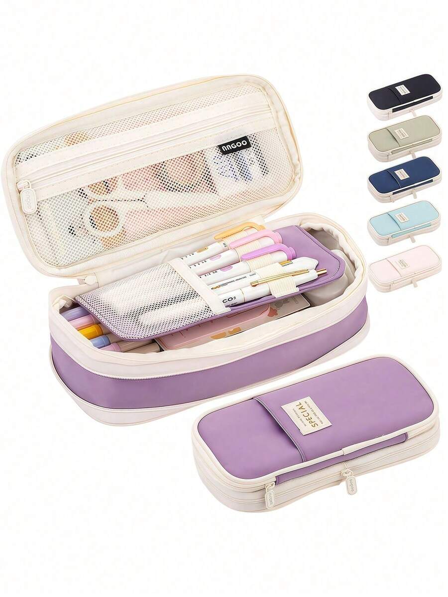 1 pieza Estuche multifuncional de gran capacidad expandible, bolsa de almacenamiento de artículos de papelería de tela de sarga con ranura para bolígrafos, organizador plegable de útiles escolares, estuche de lápices estilo japonés/coreano - Estuche para lápices de sarga - Ver 1