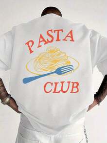 Men's Short-Sleeved T-Shirt - PASTA CLUB Pasta Print On The Back - 100% Cotton Fabric - Casual, Comfortable, Versatile And Practical, Suitable For Everyday Wear. - 白色 - 查看 1