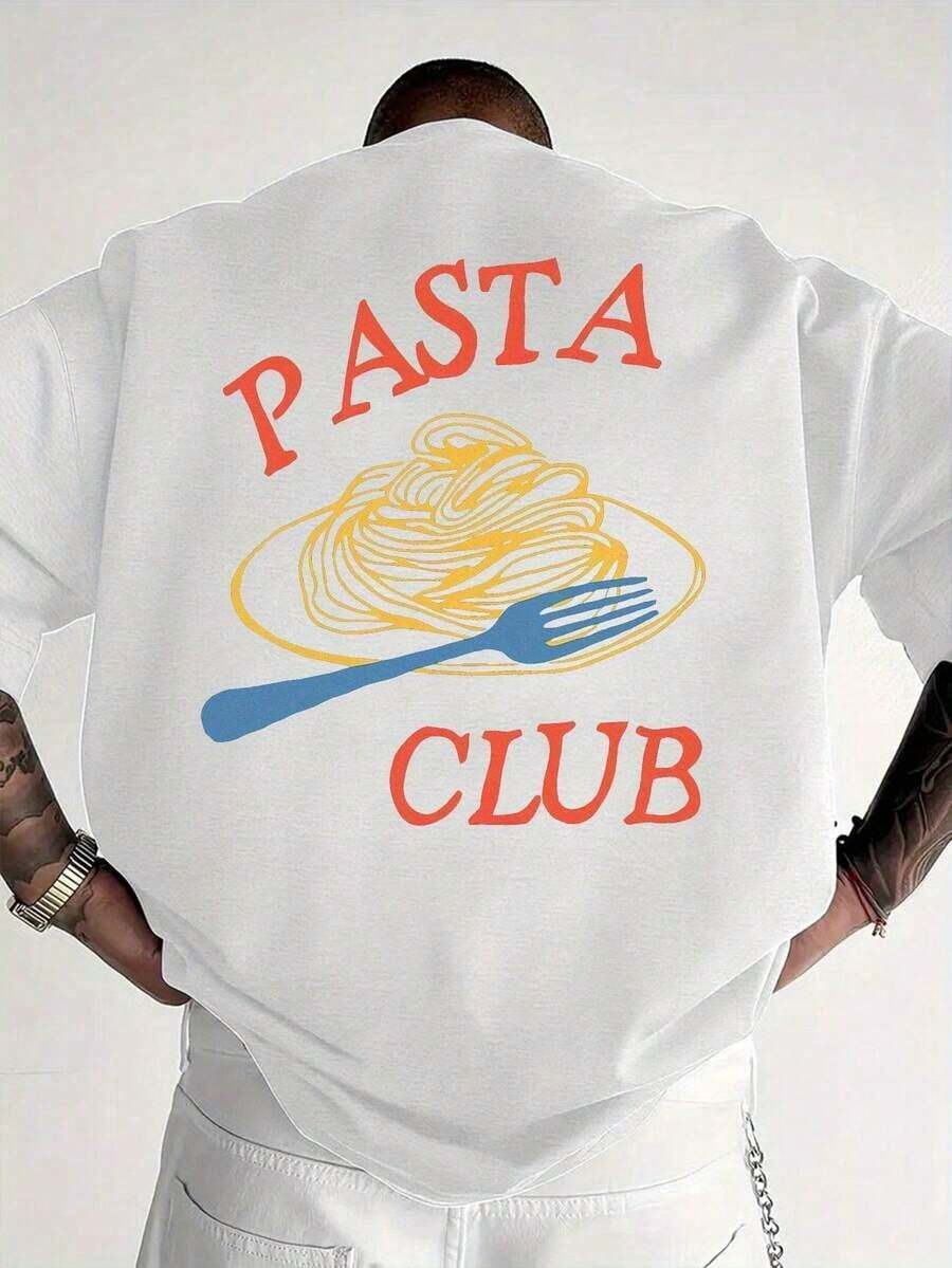 Men's Short-Sleeved T-Shirt - PASTA CLUB Pasta Print On The Back - 100% Cotton Fabric - Casual, Comfortable, Versatile And Practical, Suitable For Everyday Wear. - 白色 - 查看 1