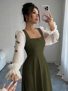 Vestido de mujer con parches tejidos, decoración de lazo y cintura ceñida - Verde militar - Ver 6