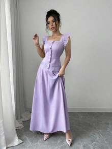 Vestido largo elegante estilo bohemio para vacaciones, con escote en V, mangas abullonadas, cintura ceñida, falda plisada de línea A, bolsillo con cremallera, cierre con botón de perla, adecuado para primavera/verano - Púrpura malva - Ver 4