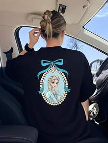 Disney Frozen Collaboration T-Shirt Short Sleeve Women's Elsa Anna Princess Peripheral Pure Round Neck Short Sleeve - 黑色 - 查看 2