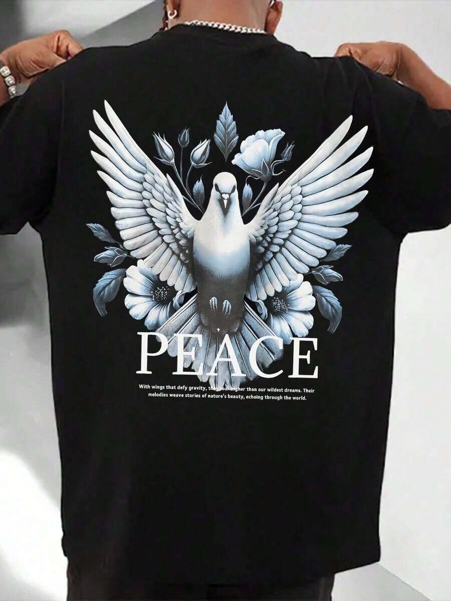 Men's Short Sleeve Crew Neck T-Shirt With Large Statue, Floral, And English Print | Exquisite Design | Summer Essential | Easy To Match - Hitam - View 1