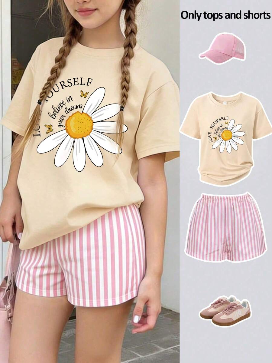 2pcs/Set Girls Outfit, Including 1pc Floral Print Round Neck Short Sleeve T-Shirt And 1pc Pink & White Vertical Striped Casual Shorts, Suitable For Summer - Multicolor - View 1
