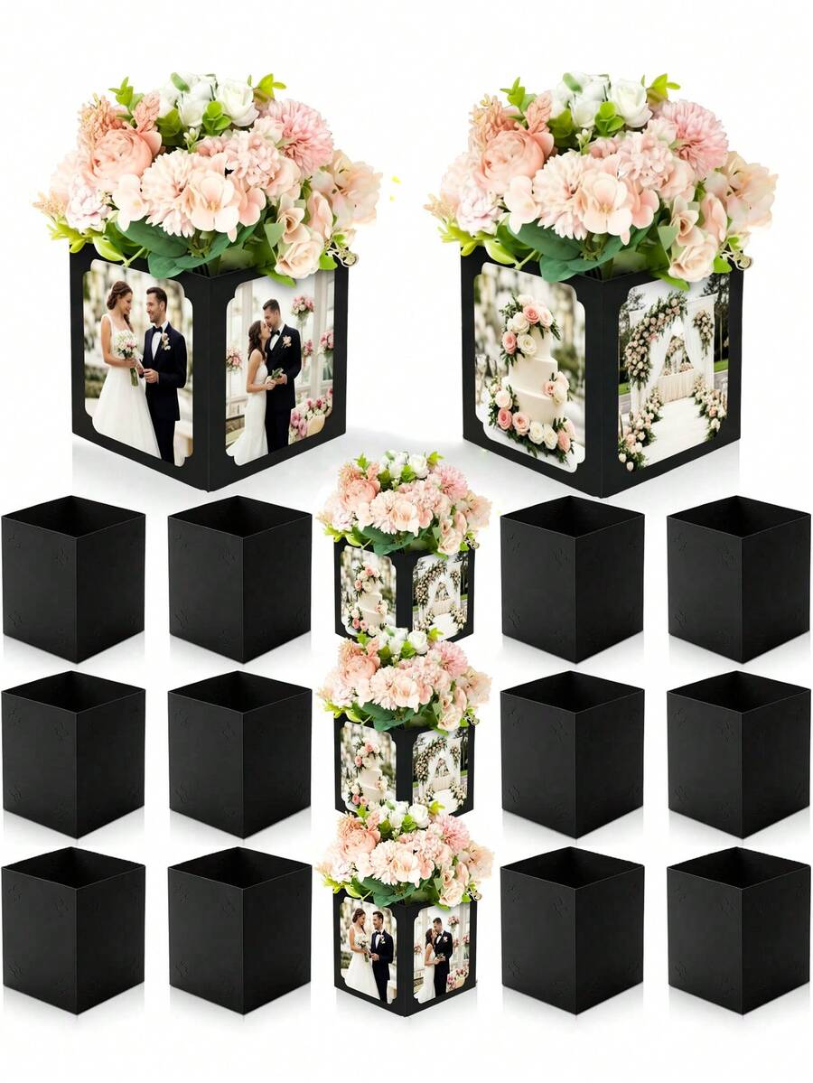 1/6/12件組婚禮桌飾照片方盒，黑色多面相框紙板花架，DIY花藝裝飾盒，適用新娘婚前派對、訂婚、週年紀念、接待桌裝飾