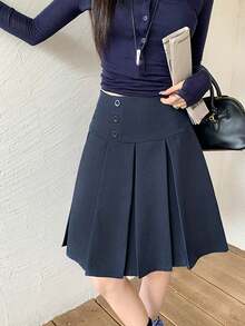 Rok Lipit Model A-Line dengan Kancing Tunggal, Pinggang Tinggi, Gaya Elegan untuk Musim Semi & Gugur - Biru laut - View 5