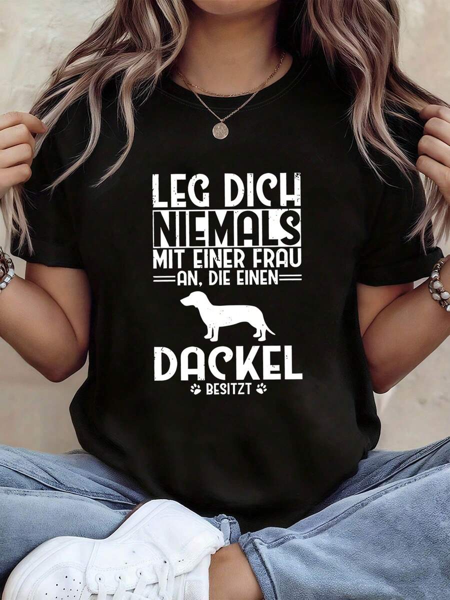 Vestibilita.1pac.100%Cotton.German Letter Print Women'S T-Shirt, Short Sleeve Crew Neck Casual Top For Summer And Spring, Women'S Clothing.Palme Grafica - Black - View 1