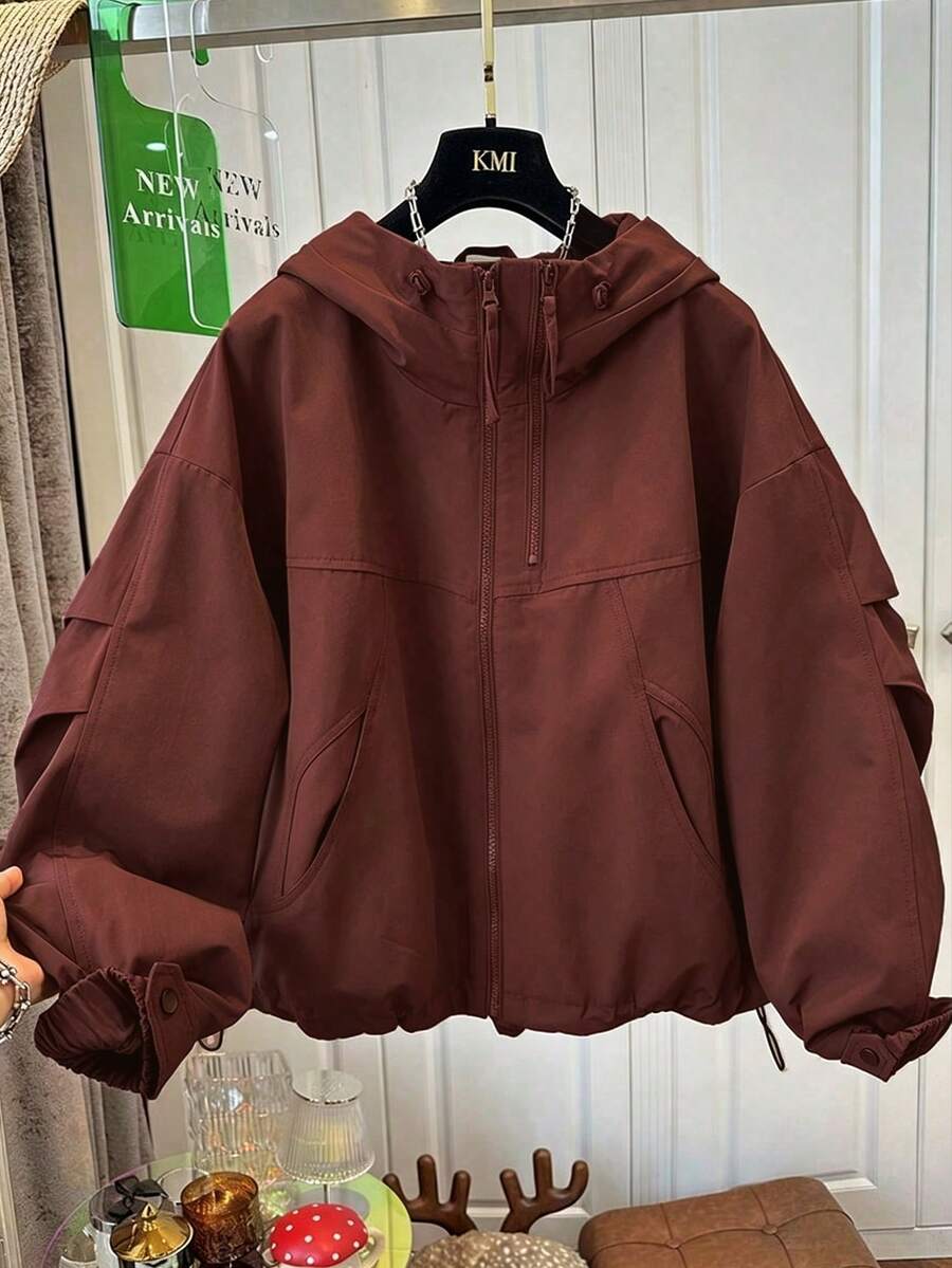 Spring & Autumn Loose Hooded Windbreaker Jacket For Women, Fashionable Versatile Short Bomber Jacket With Slimming Design - Burgundy - View 1