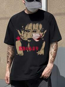 Men's Fashion Portrait Print T-Shirt, Casual Sports T-Shirt, Loose Fit Short Sleeve Black Shirt With Character Portrait. - 黑色 - 查看 12