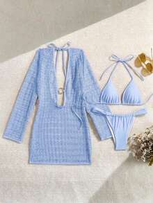 Conjunto de bikini de atar elegante y vintage de color marrón sólido para mujer, ideal para vacaciones y casual. Vestido con textura como cubierta de traje de baño, traje de baño para playa en primavera/verano - Celeste - Ver 3