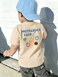 1pc Toddler Boys' "PASTA LOVER CLUB" Spaghetti & Tomato Graphic Print Short Sleeve Round Neck T-Shirt - Apricot - View 3