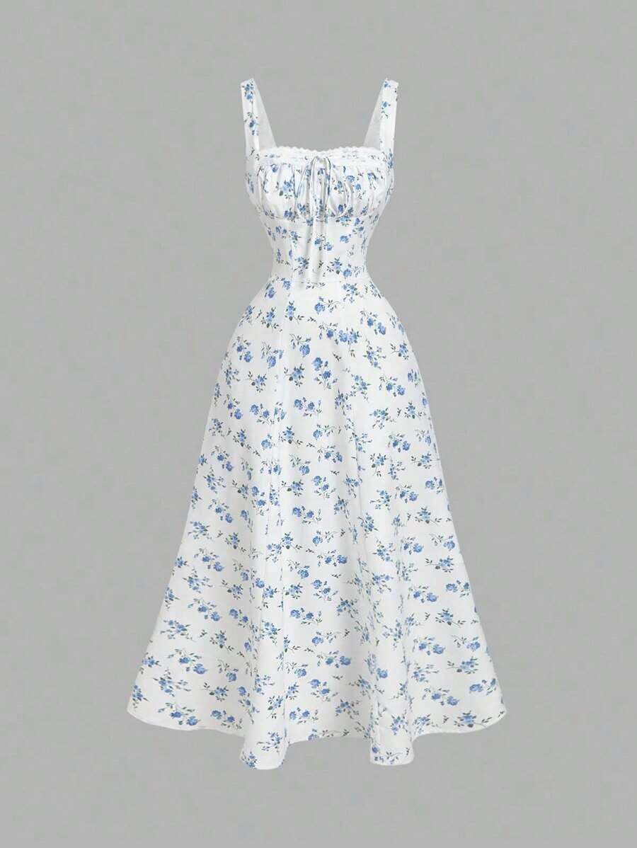 Vestido acampanado con volantes, encaje y lazo cruzado con estampado de cerezas blancas y rojas - Estilo lindo, para citas, fiestas, uso en verano y primavera para mujeres, vacaciones, picnics, festivales, atuendo de cumpleaños - Azul y blanco - Ver 1