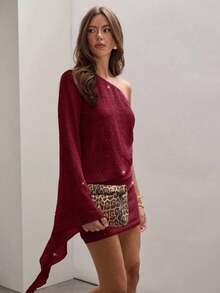 Vestido de verano de mujer elegante con un hombro, con textura y adornos de lentejuelas, vestido de un solo manga, vestido asimétrico, vestido lila para mujer, vestido de verano de un solo hombro, vestido asimétrico para mujer - Burdeos - Ver 4