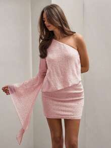 Vestido de verano de mujer elegante con un hombro, con textura y adornos de lentejuelas, vestido de un solo manga, vestido asimétrico, vestido lila para mujer, vestido de verano de un solo hombro, vestido asimétrico para mujer - Rosa Pálido - Ver 8