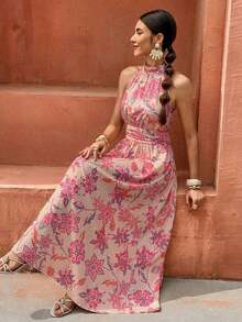 Flora Isola Flora Isola Vestido bohemio de mujer sin mangas con cuello de corbata, cintura recogida y estampado floral, adecuado para vacaciones, citas y viajes a la playa - Multicolor - Ver 4