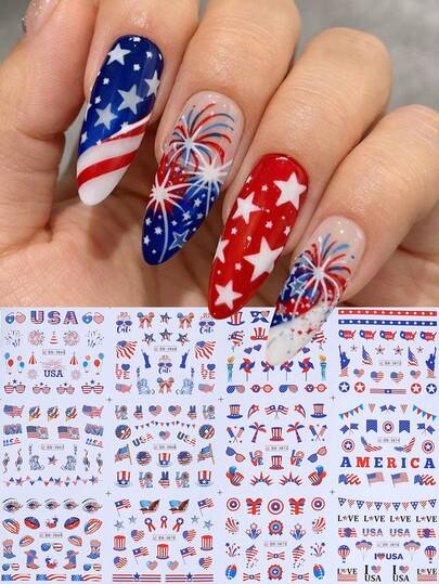 Patriotic Independence Day Nail Water Decals 12 Designs 1 Sheet 4th Of July Flag Star Firework Bow Pattern Nail Art Stickers Water Transfer Sliders For Salon Home DIY Manicure Holiday Party Nail Decoration