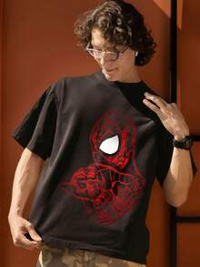 Men's 100% Cotton Marvel Spider-Man Red Web Print Graphic Short Sleeve T-Shirt, Summer Casual Streetwear Crew Neck Tee, Great Gift For Marvel Fans - 黑色 - 查看 5