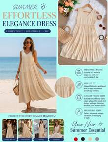 Women's Sleeveless V-Neck Tiered Maxi Dress,Solid Color Casual Swing Dresses,Summer Dress,Plus Size Dresses For Women,Pride,Elegant Dress For Women - 杏色 - 查看 3