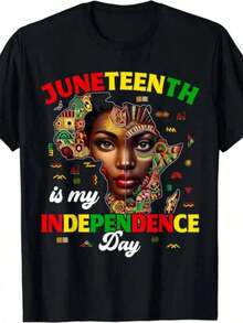 Plus Size Women's Short-Sleeved Casual T-Shirts, African Style Single Tee With The Phrase "Juneteenth Is My Independence Day", Everyday Casual Wear, Daily Activewear. | Comfortable Fit - 黑色 - 查看 6