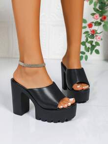 Sandalias de plataforma con tacón súper alto de 11.5cm, tacones de cuña con suela gruesa, sandalias de punta abierta sexy para uso en discoteca para mujeres - Negro - Ver 6