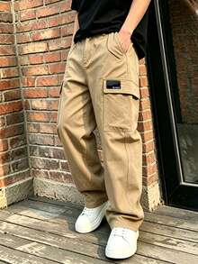 Modcrash Men's Solid Color Flap Pocket Side Buckle Waist Casual Cargo Pants, Daily Wear, Spring Versatile, Minimalist Men's Street Style Cargo Pants - Khaki - View 4