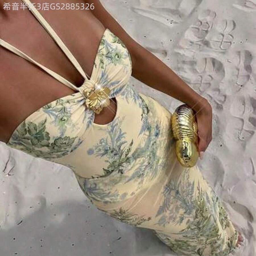 Yunuo Menswear Bonvoyette 2 piezas Nuevo mono de mujer con cuello halter y estampado de posicionamiento, con falda larga de malla, traje de baño elegante y sexy de una sola pieza para fiesta minimalista de resort - Multicolor - Ver 1