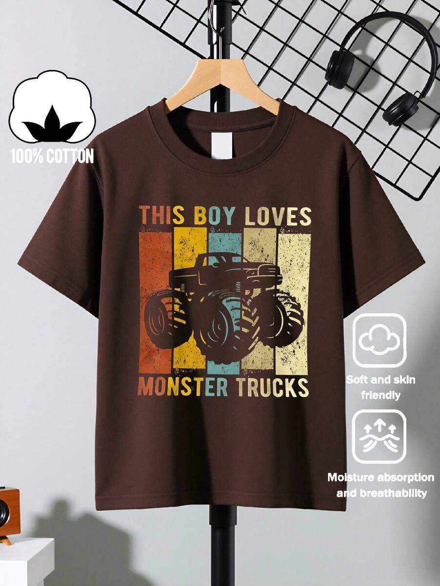 Boys' T-Shirt "This Boy Loves Monster Trucks" 100% Cotton, Soft And Comfortable For Everyday Wear, Suitable For Home, Outdoors And Sports Activities, Comfortable And Breathable - 酒紅色 - 查看 1
