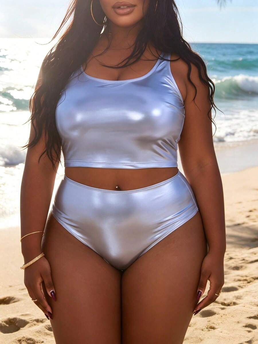 Nuevo conjunto de bikini de dos piezas de talla grande, estilo top sin mangas con relieve dorado y color sólido. - Plateado - Ver 1