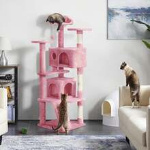 Dark Grey Multilevel Cat Tree Tower 138.5cm With Condos Ladder Scratching Posts Indoor Cat Climbing House Pet Activity Centre For Kittens - Pink - View 2