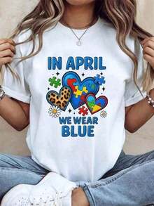 Fashion 1 Piece: In April, We Wore Blue Autism Awareness T-Shirts With A Heart, Diamond, And Leopard Print Design To Support And Promote Autism Awareness Month. Made Of 100% Cotton. Women's Simple Solid Color T-Shirt, Loose Fit, Casual Short Sleeve - 白色的 - 查看 1