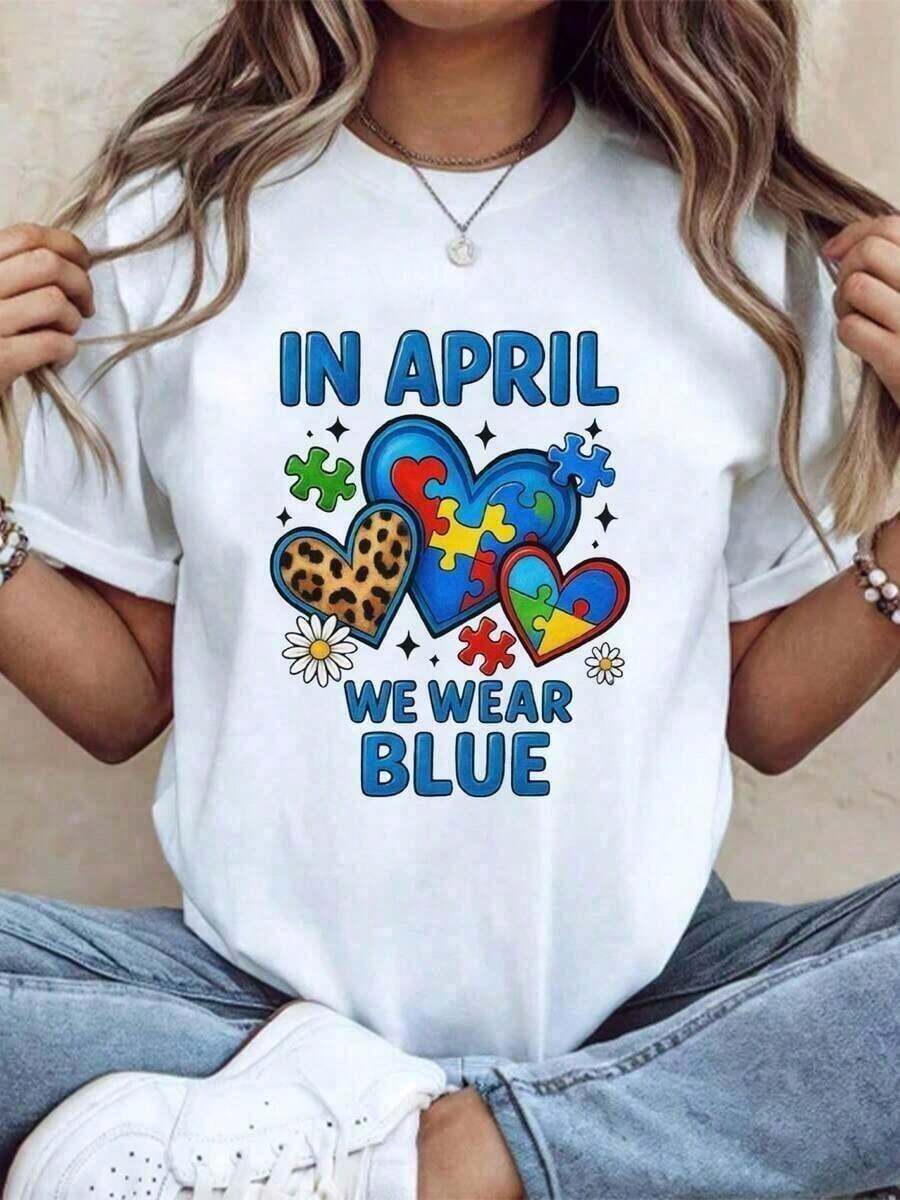 Fashion 1 Piece: In April, We Wore Blue Autism Awareness T-Shirts With A Heart, Diamond, And Leopard Print Design To Support And Promote Autism Awareness Month. Made Of 100% Cotton. Women's Simple Solid Color T-Shirt, Loose Fit, Casual Short Sleeve - 白色的 - 查看 1